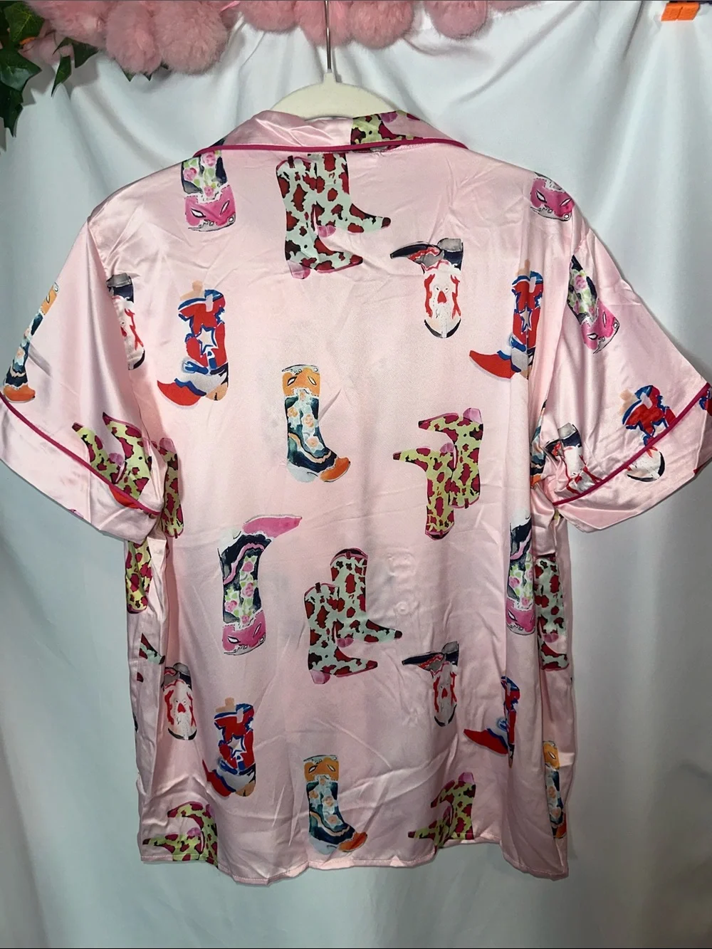 Sheshow Pink Satin Short PJ Set with Colorful western boot Print